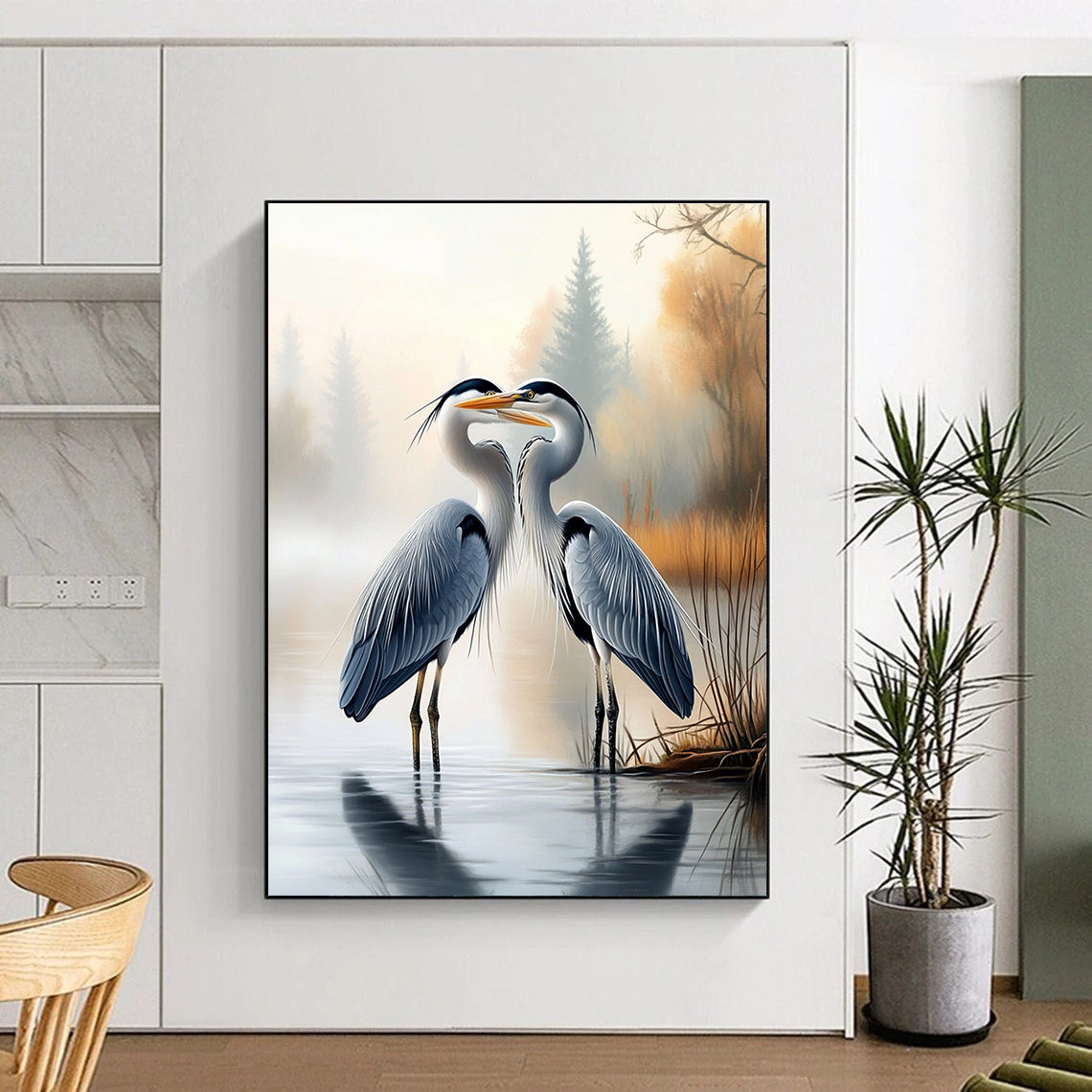 A large abstract painting featuring two herons on water's edge with a misty forest background showcasing realistic detail and serene beauty.STSC1451