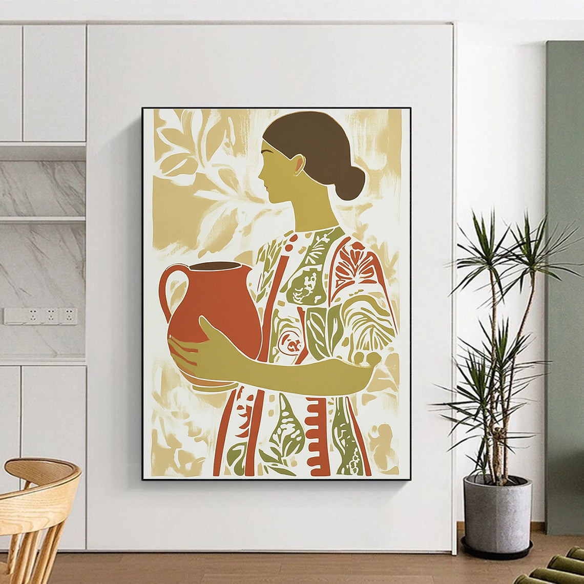 Abstract artwork featuring a woman with an earthenware jug in a patterned dress with green and red stripes in a flat color palette.STSC1417