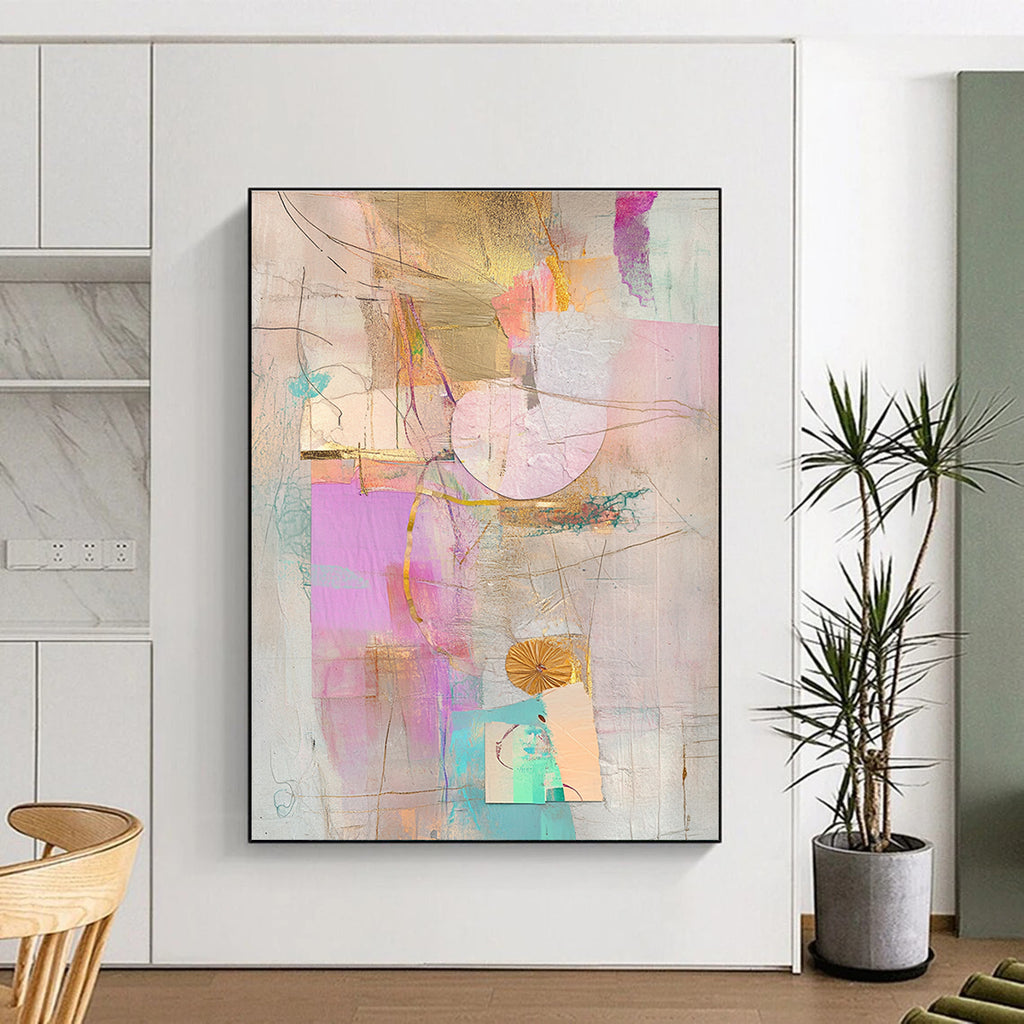 Gold Pink and Teal Pastel Abstract Collage Art GER199
