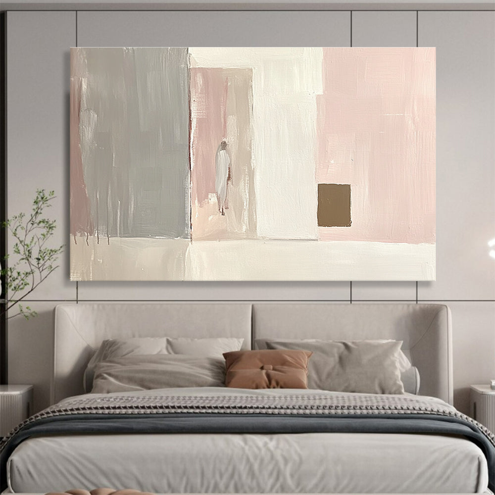 Large abstract painting in light pink and white with gray and a small brown square emphasizes minimalist brushstrokes and elegant simplicity in oil paint.SC223