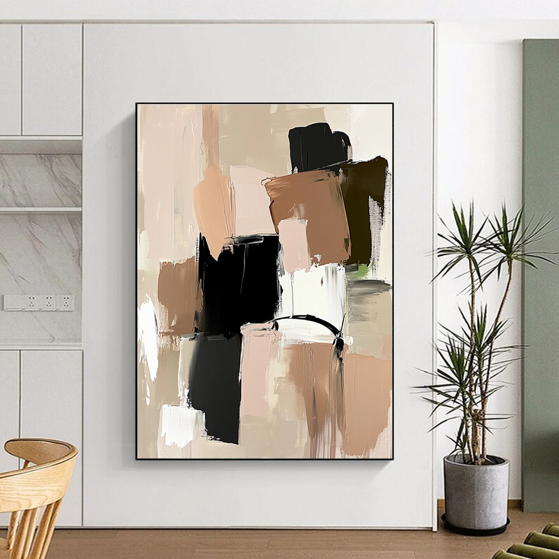 Large abstract painting featuring neutral tones beige and black shapes soft pink and green accents on a beige background with loose brush strokes.STSC779