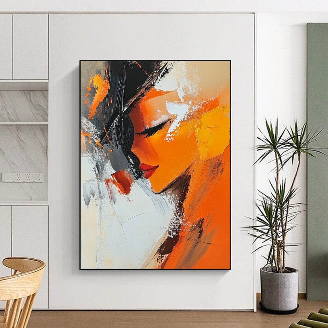 Large abstract oil painting featuring an orange woman infused with expressive brushstrokes in white beige black grey and brown tones.STSC151