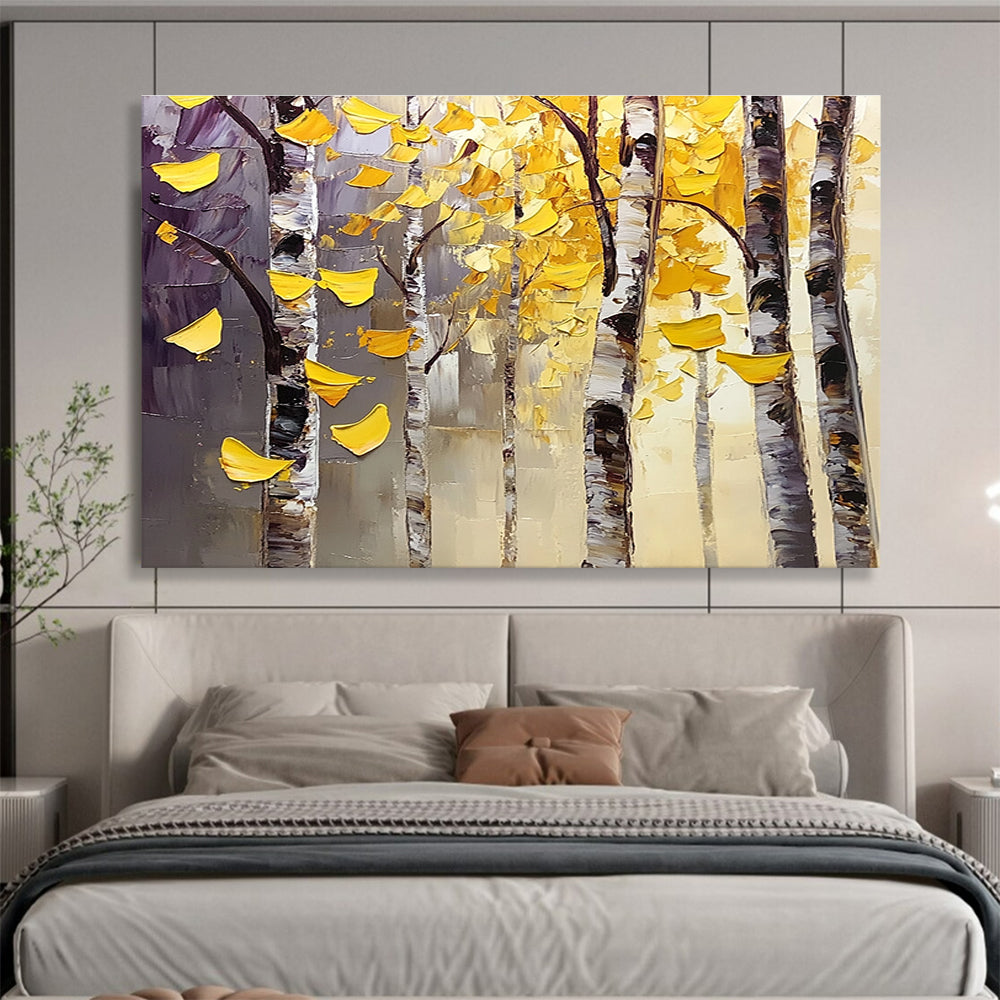 Autumn Birch Trees Abstract Painting with Yellow and Purple Tones DYP565