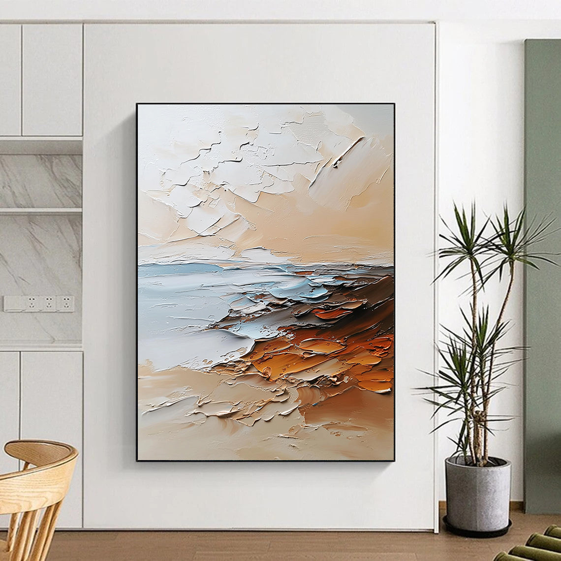 Large abstract painting in beige and white tones featuring textured brushstrokes with light orange brown and gray colors and soft edges.STSC096