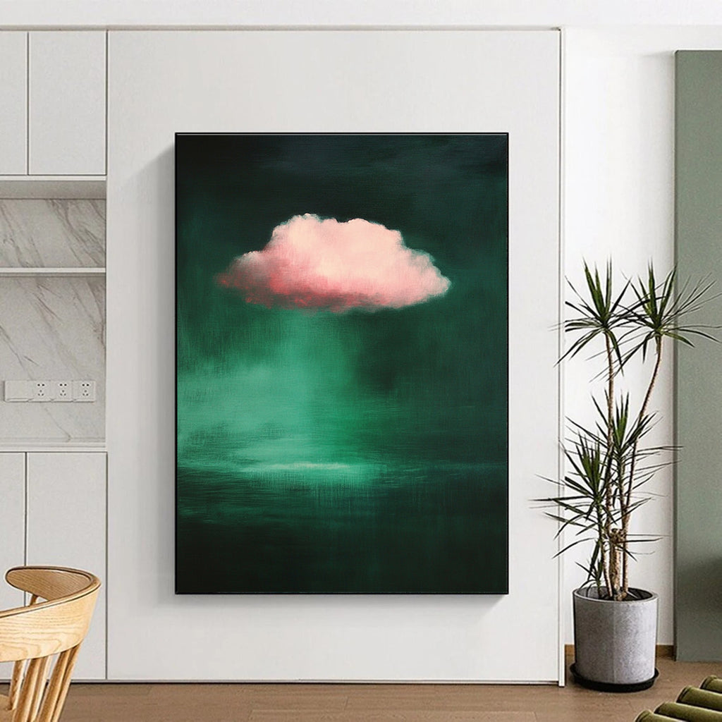 Large abstract painting featuring a pink cloud against a dark green background inspired by the style of Raimad Zinoglu.STSC1402