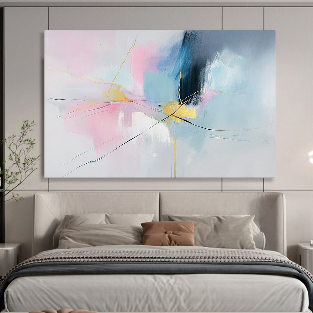 Colorful Abstract with Gold Lines Painting in Pink and Blue DYP441