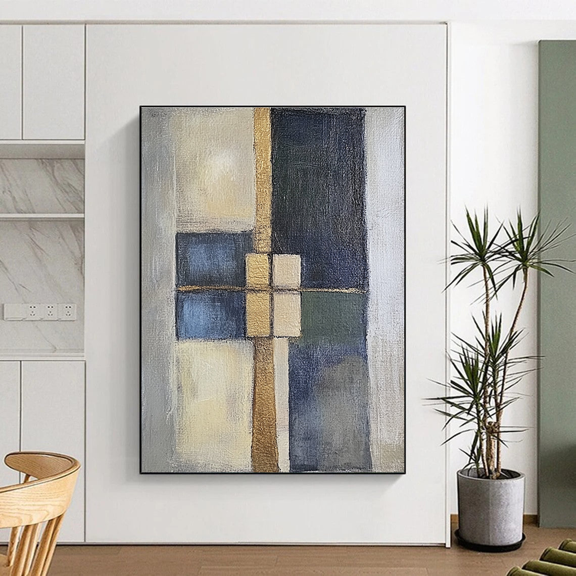 Blue Gold Abstract Painting with Structured Forms GER814