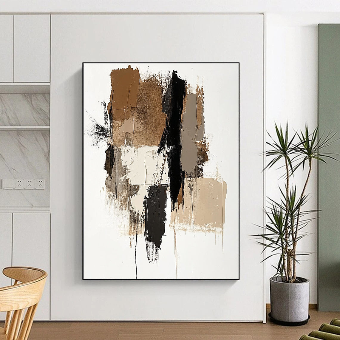 Large abstract painting featuring brown beige and white colors with a prominent gray shape and vertical navy blue detail.STSC677
