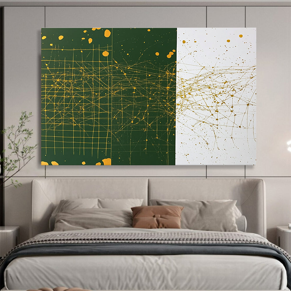 An abstract painting featuring a grid pattern in white and green with yellow splashes gold ink and dark green designs with brown dots.SC471