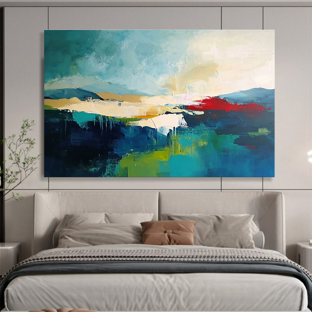 Large abstract painting featuring a dark sky-blue and light emerald green palette with beige and red accents on a soft neutral background.SC087