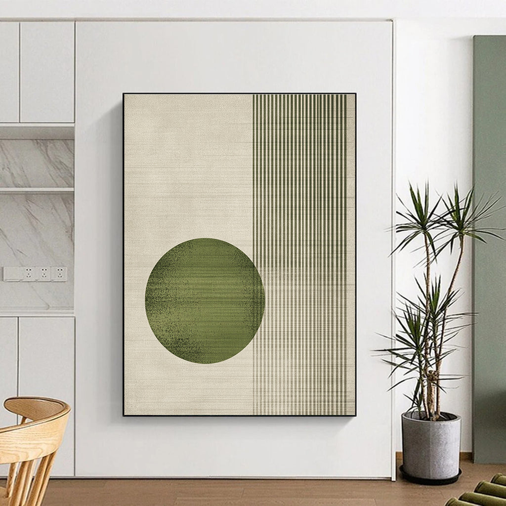 Large abstract painting featuring a round green circle and textured vertical lines in a light gray color scheme with natural earthy tones.STSC1328