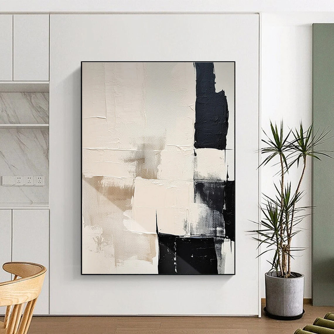 Beige and Black Textured Abstract Painting for Warm Interiors ADGE056