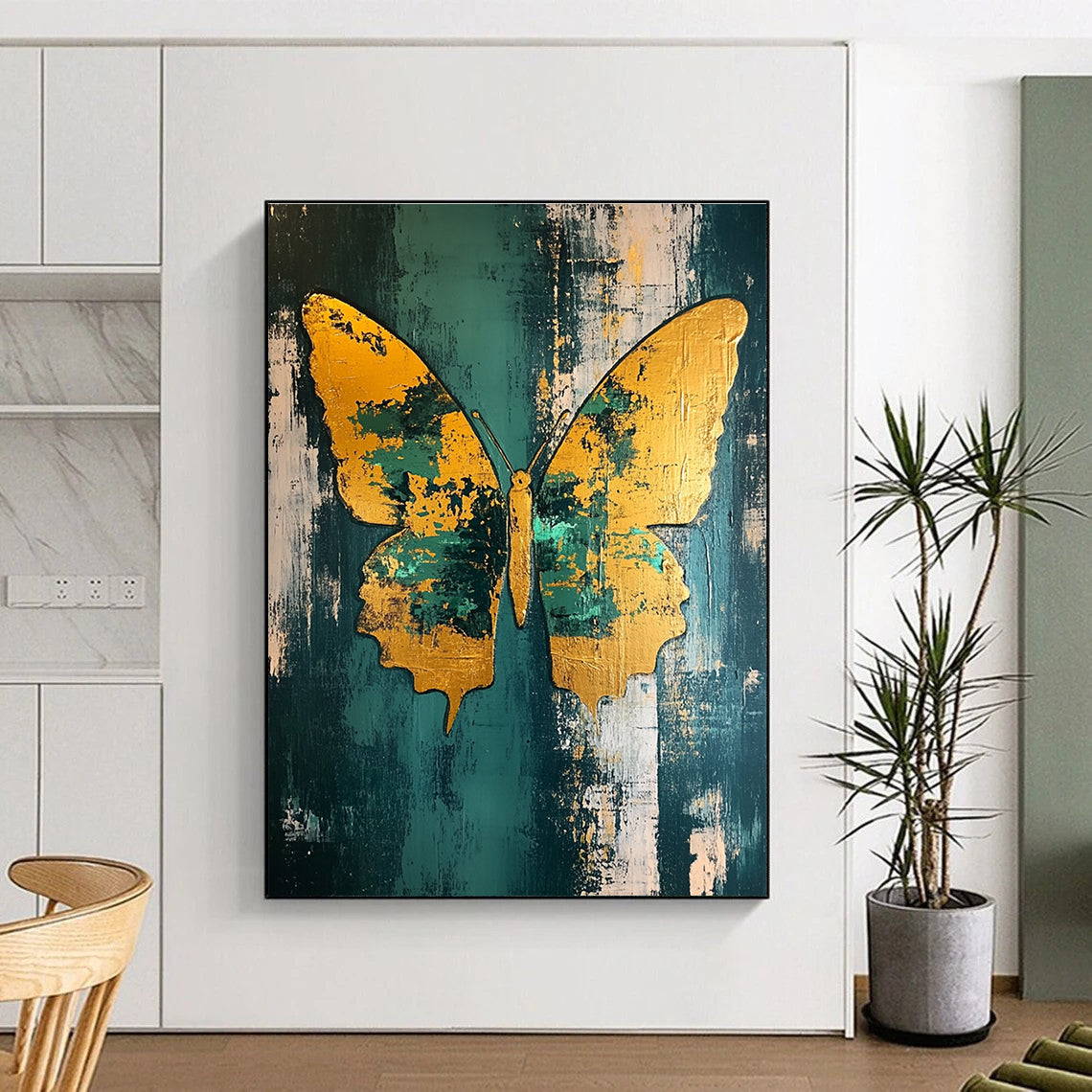Large abstract painting of a butterfly featuring gold leaf accents in teal and green on a distressed background.STSC280