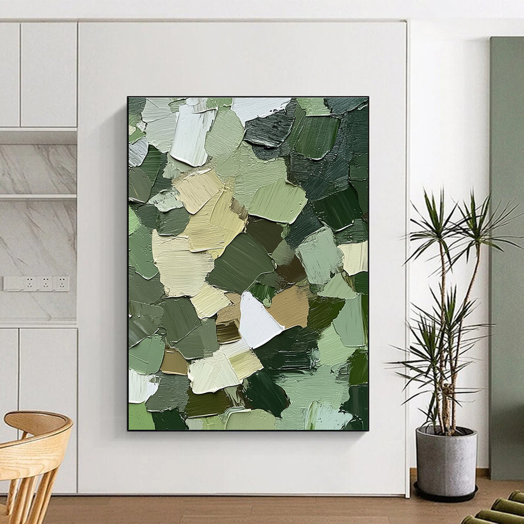 Large abstract painting showcasing intricate urban camouflage patterns in greens browns and whites with textured impasto brush strokes for depth and realism.STSC831