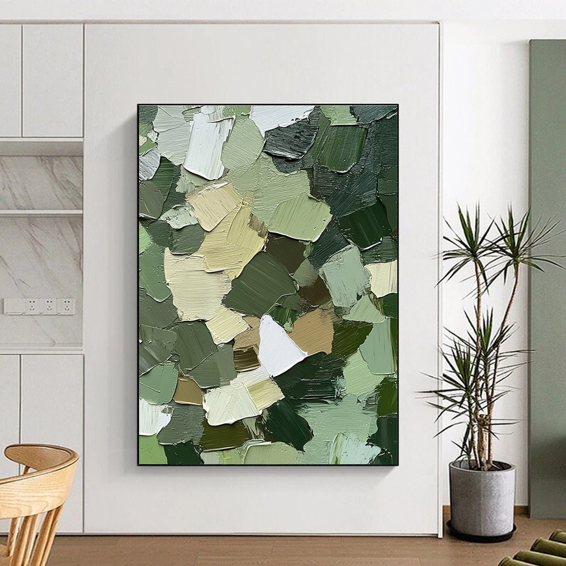 Large abstract painting showcasing intricate urban camouflage patterns in greens browns and whites with textured impasto brush strokes for depth and realism.STSC831