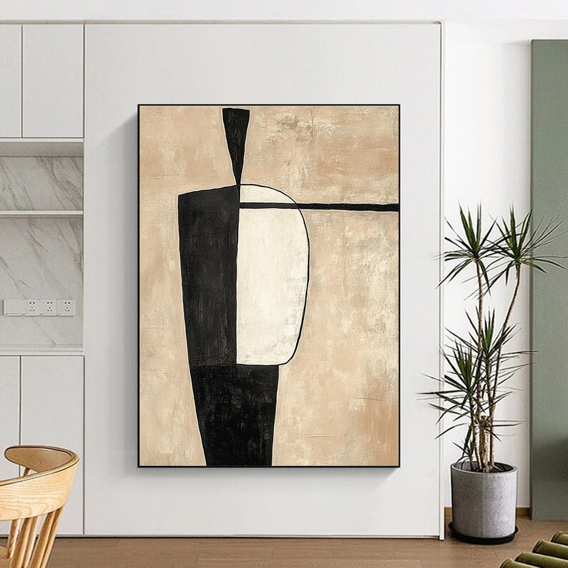 Beige and Black Abstract Painting with Minimalist Shapes GER142