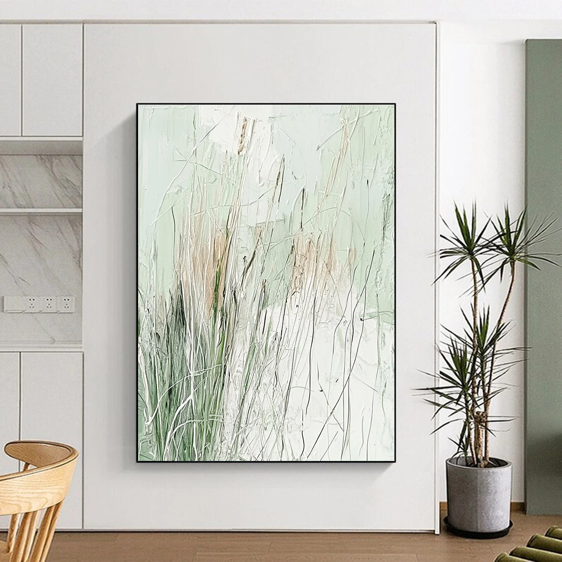 Abstract painting featuring light green and white, layered with delicate lines and wild grasses for a serene nature-inspired aesthetic.STSC939