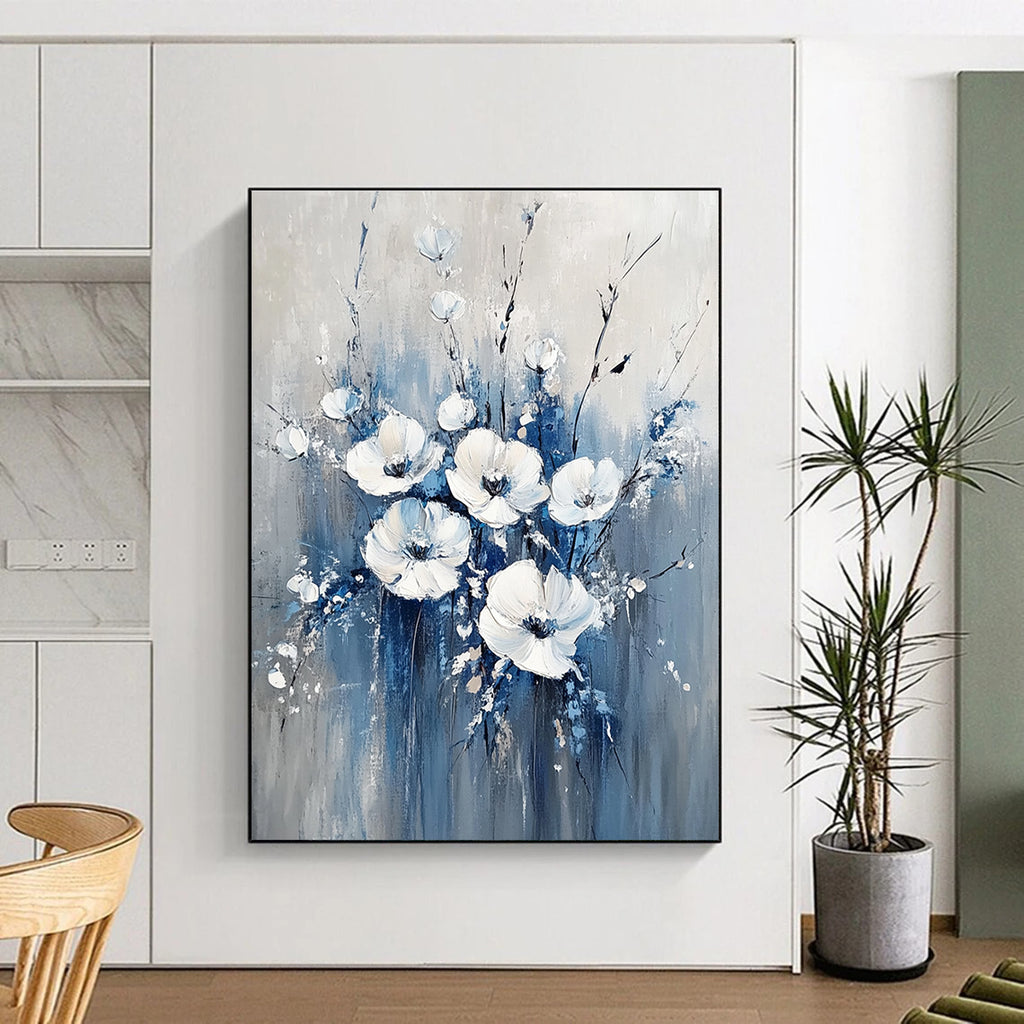 Large Abstract Blue and White Flowers Painting featuring soft gray background white flowers and light blue accents for a serene decor atmosphere.STSC035