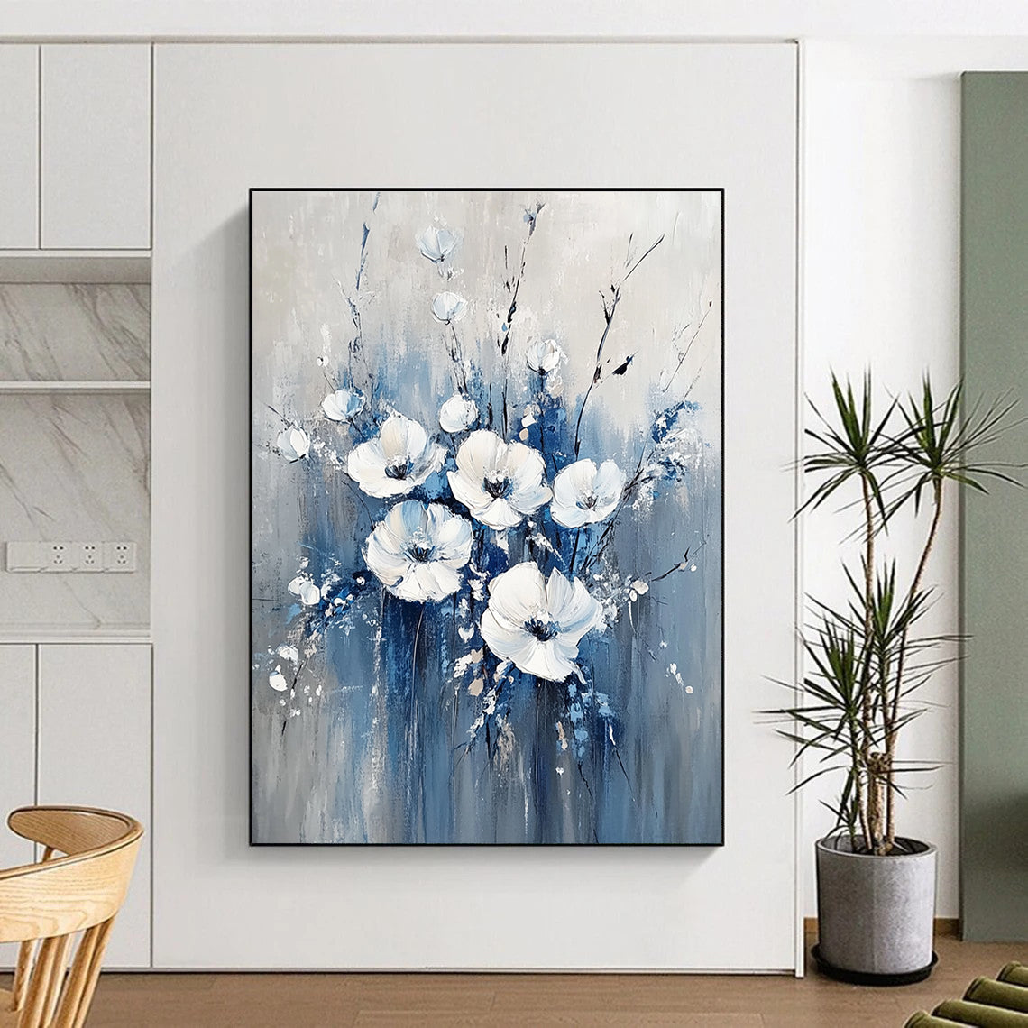 Large Abstract Blue and White Flowers Painting featuring soft gray background white flowers and light blue accents for a serene decor atmosphere.STSC035