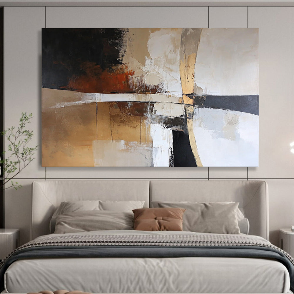 A large abstract painting featuring earth tones of white brown beige and black creating a harmonious and serene atmosphere.SC328