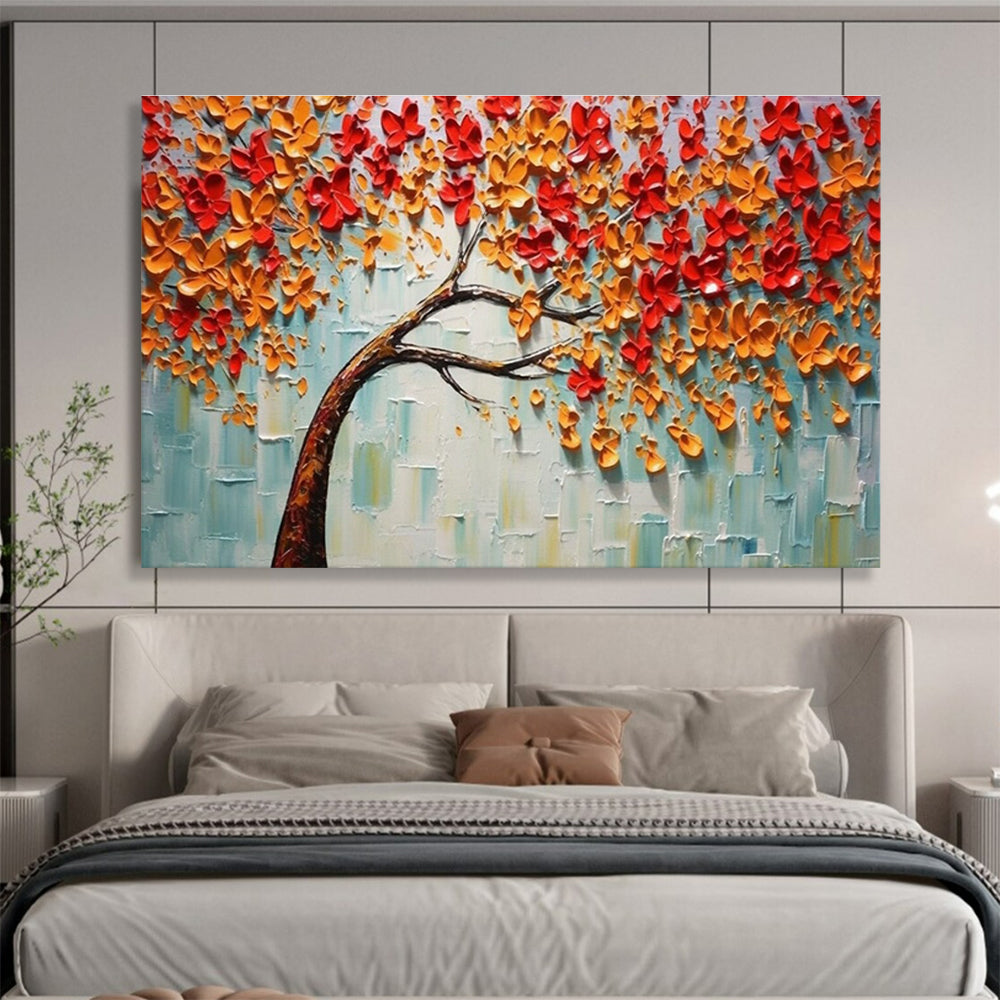 3D Autumn Tree Abstract Painting with Orange, Red, and Blue Tones THY168