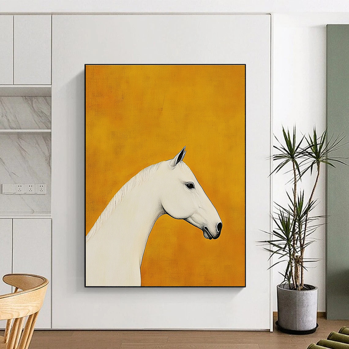 A large abstract painting featuring a white horse's head and neck profile on a mustard yellow background with soft lighting highlighting its silhouette.STSC1090