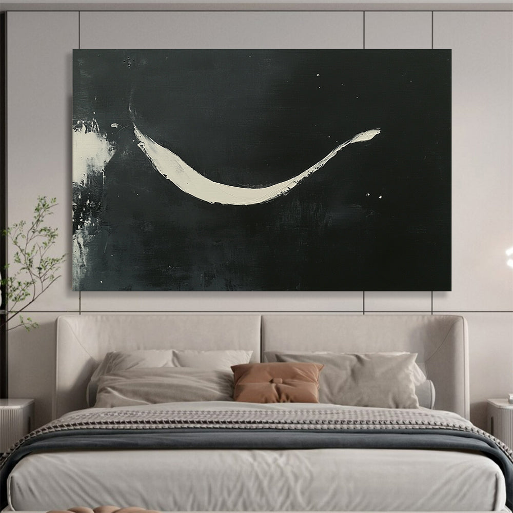 Large abstract painting featuring curved white brush strokes on a black background showcasing elegance and negative space in a minimalistic style.SC186