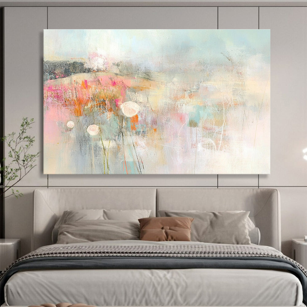 An abstract expressionist painting of the English countryside featuring muted pastel colors soft brush strokes and blurred edges.SC310