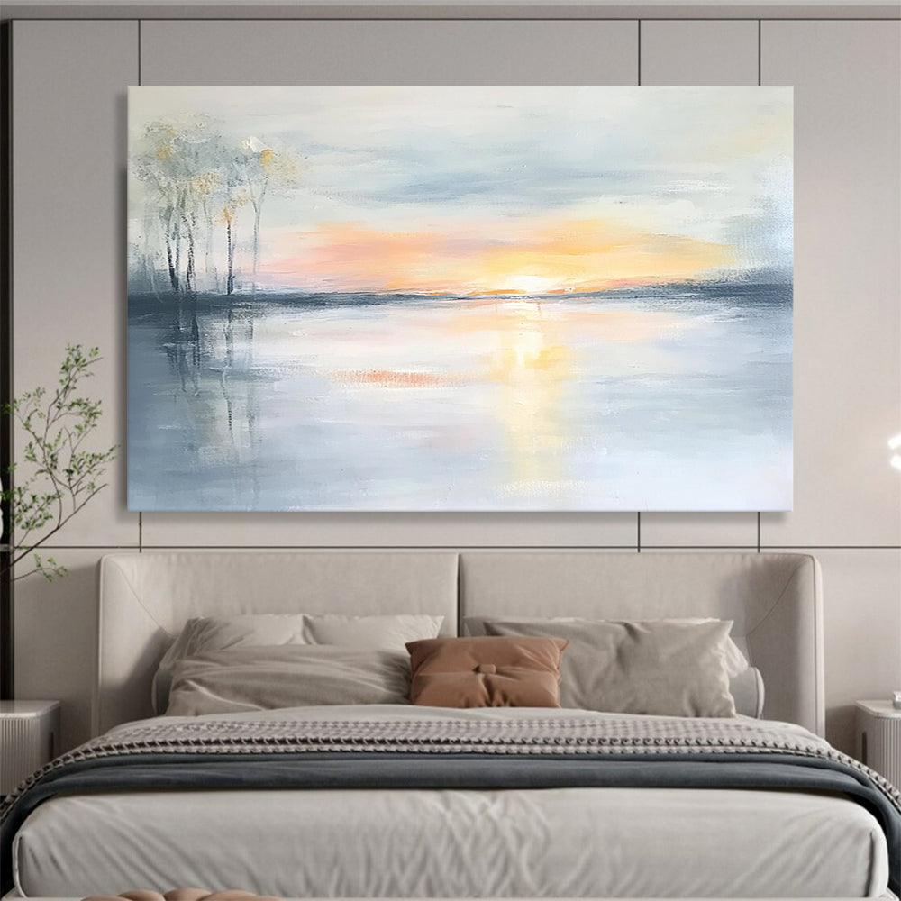 Soft Sunset Lake Abstract Painting with Pastel Hues and Reflections DYP242