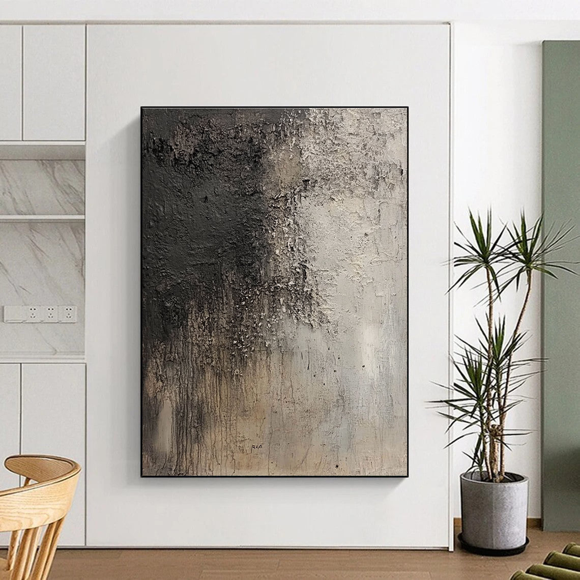 Large abstract painting resembling an ancient cave wall in grey and dark brown with intricate texture and floating dust particles.STSC632