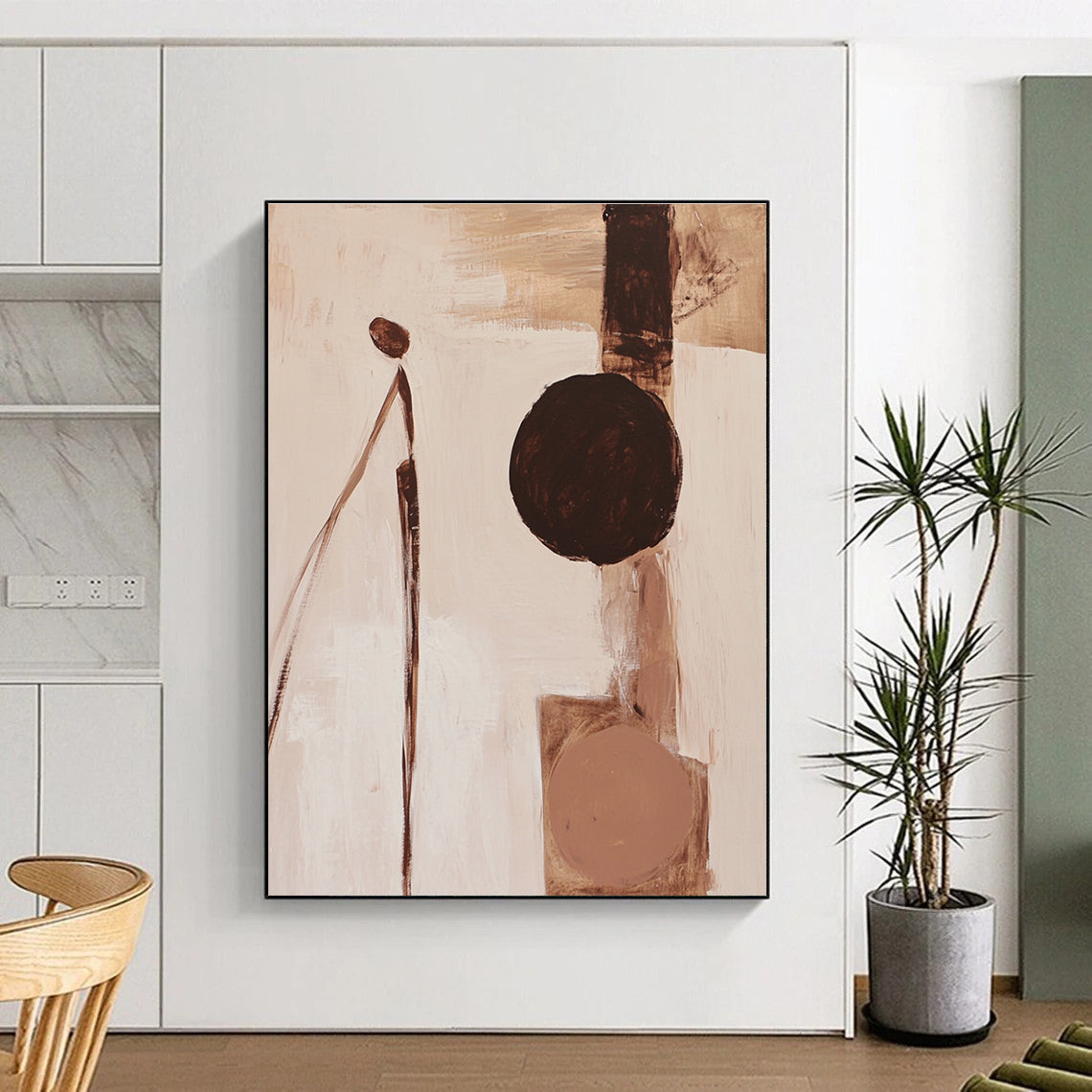 Abstract painting featuring fluid organic forms in brown and white with a minimalistic human figure and beige palette on a neutral background.STSC695