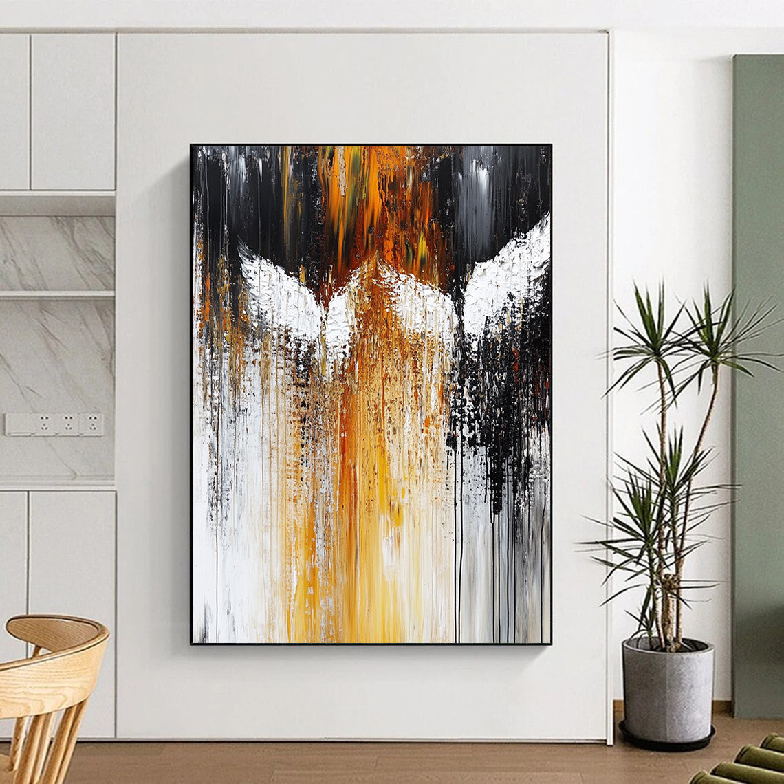 Large abstract painting featuring white angels with dark gray and amber hues heavy brush strokes and dripping paint in an expressive style.STSC203