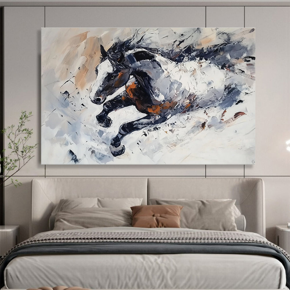 Large abstract painting of a horse in snow featuring loose brush strokes monochrome tones with brown white accents and dynamic textured movement.SC594