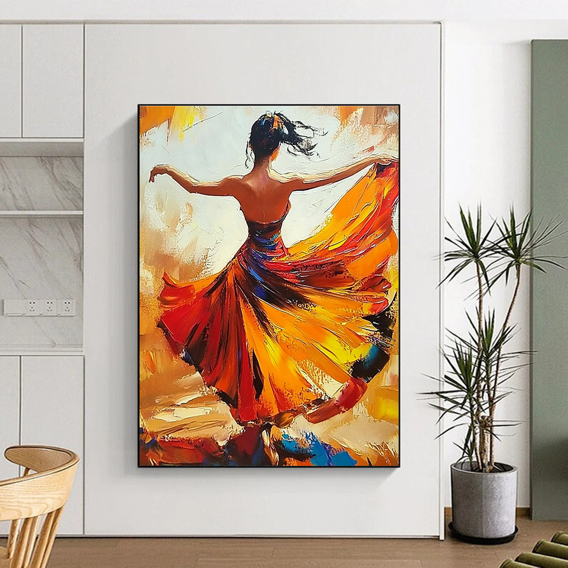 Abstract oil painting of a woman in a flowing flamenco dress dancing with her arms wide open in warm colors.STSC174