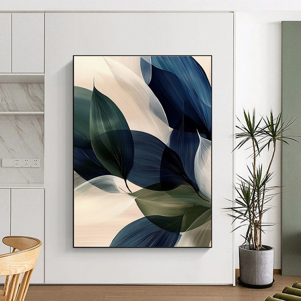 Large abstract painting of navy blue green and white large leaves with soft edges and subtle gradients on a light background.STSC685