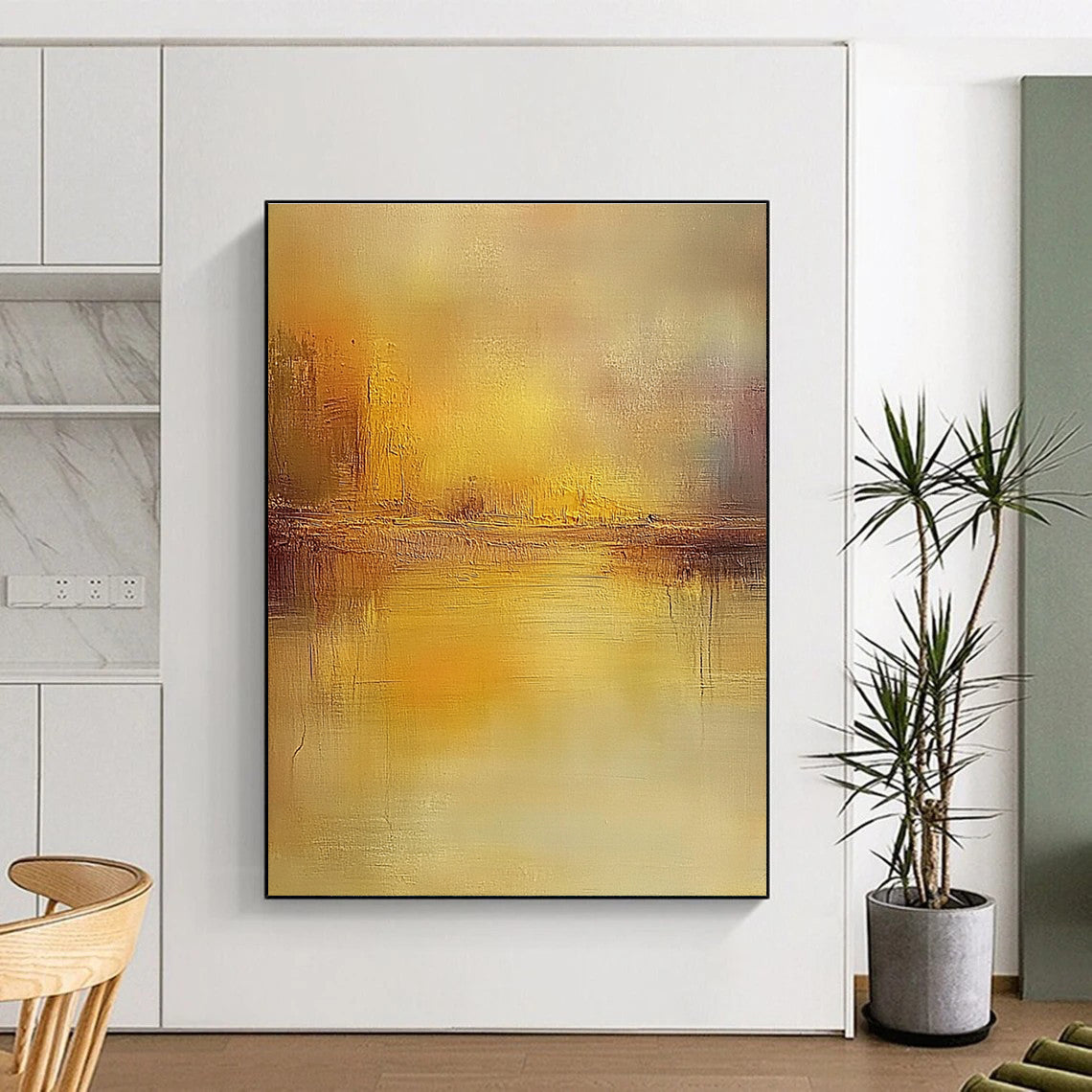 Large abstract painting featuring muted earthy colors and soft focus reflections on water evoking a dreamlike atmosphere with impressionist brush strokes.STSC860