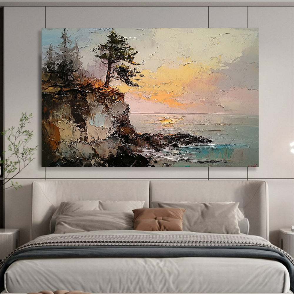 Cliffside Tree at Sunset Impasto Abstract Painting with Vivid Oranges DYP593