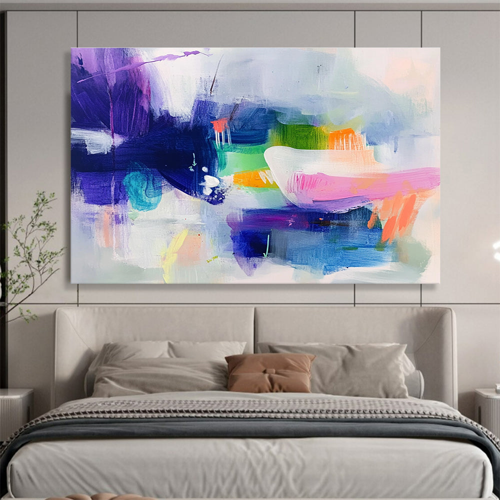 Large abstract painting featuring cool colors with soft shapes suggesting houses and flowing water creating a serene dreamy atmosphere.SC342