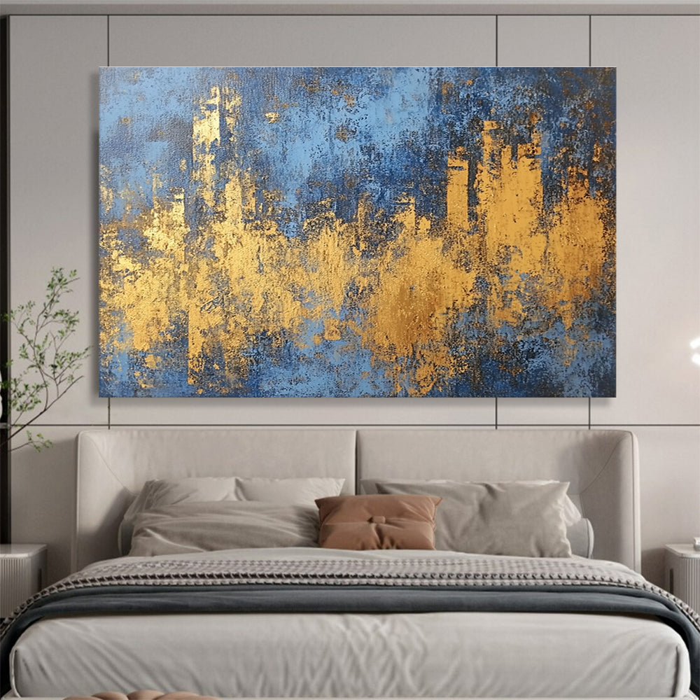 Blue and Gold Cityscape Abstract Painting with Distressed Textures DYP313