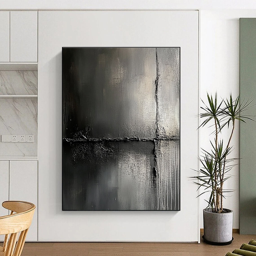Large abstract painting features impasto textures against a dark gray background evoking urban decay and mystery for captivating exploration.STSC425