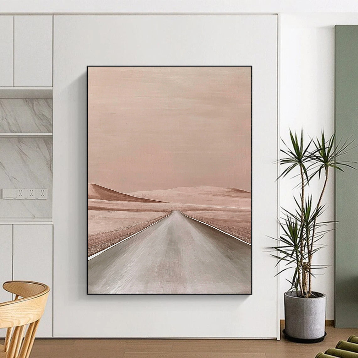 Large abstract painting of a minimalist desert road in a beige color palette inspired by Aron Wiesenfeld and John Larriva.STSC1166