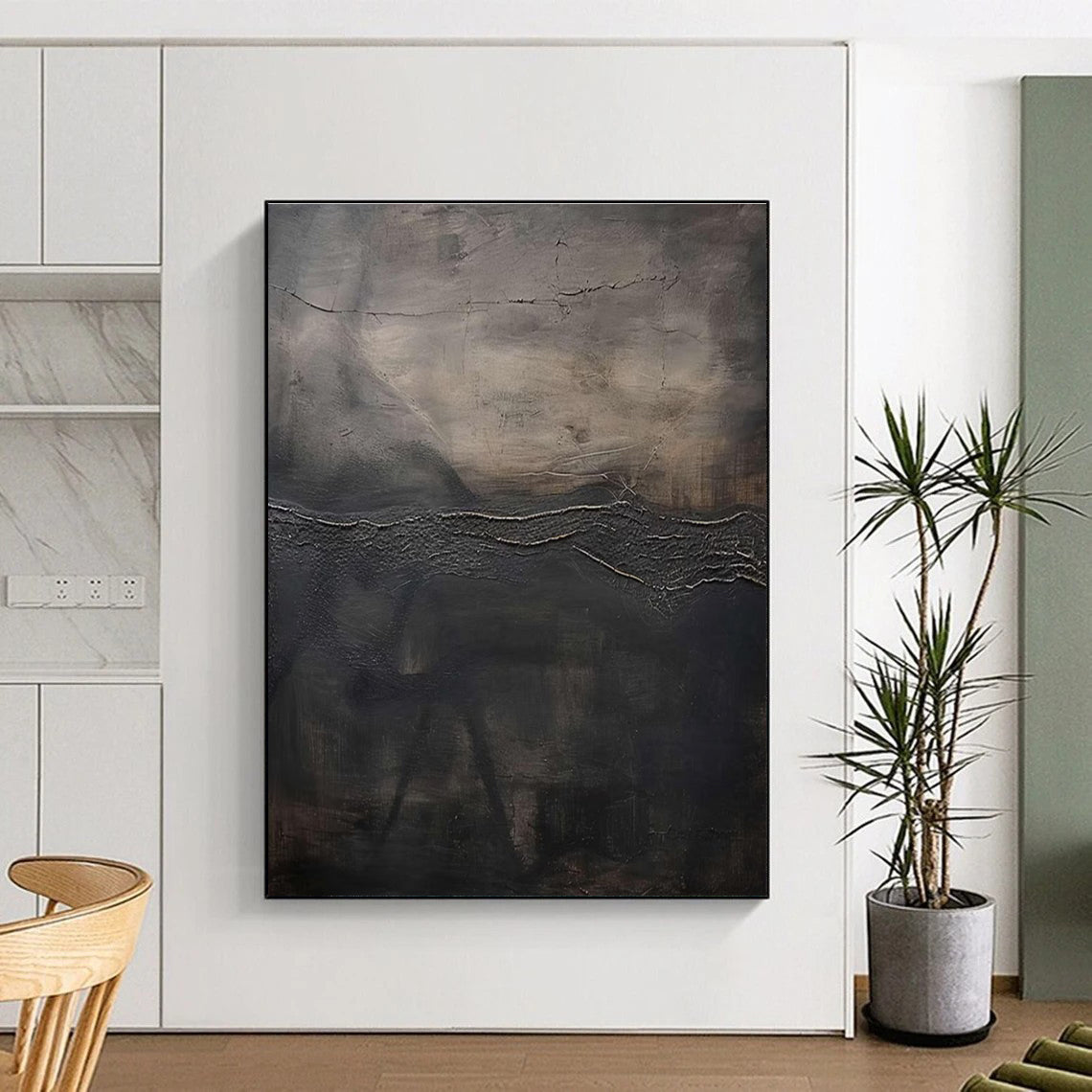 Dark Textured Abstract Painting with Layered Cracks ADGE515