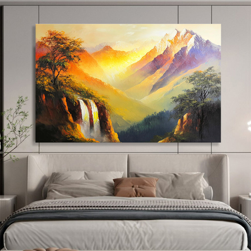 A large abstract painting depicting golden peaks and mountains with bright colors and strong brushstrokes capturing nature's grandeur and serenity.SC579