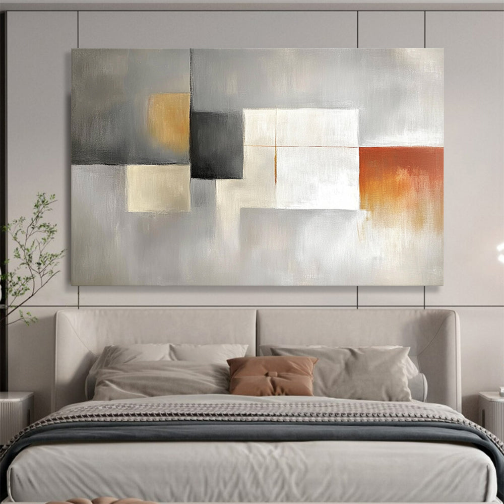 Large abstract painting in light gray, white, and amber featuring simple shapes in a minimalistic modern art style.SC378