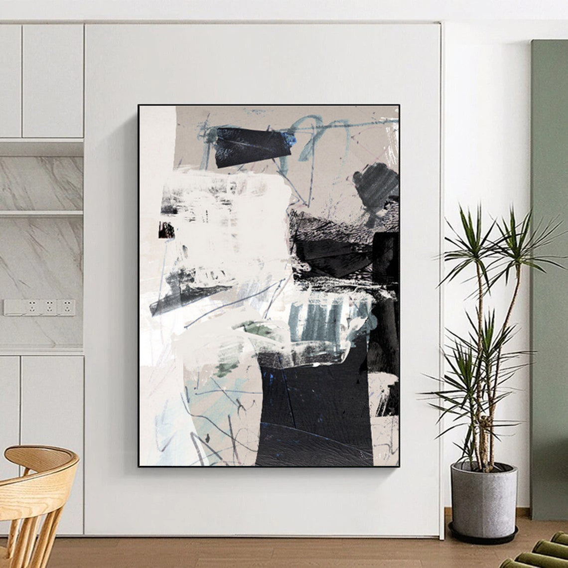 Mixed - media Abstract with Neutral and Blue Tones Painting ADGE194