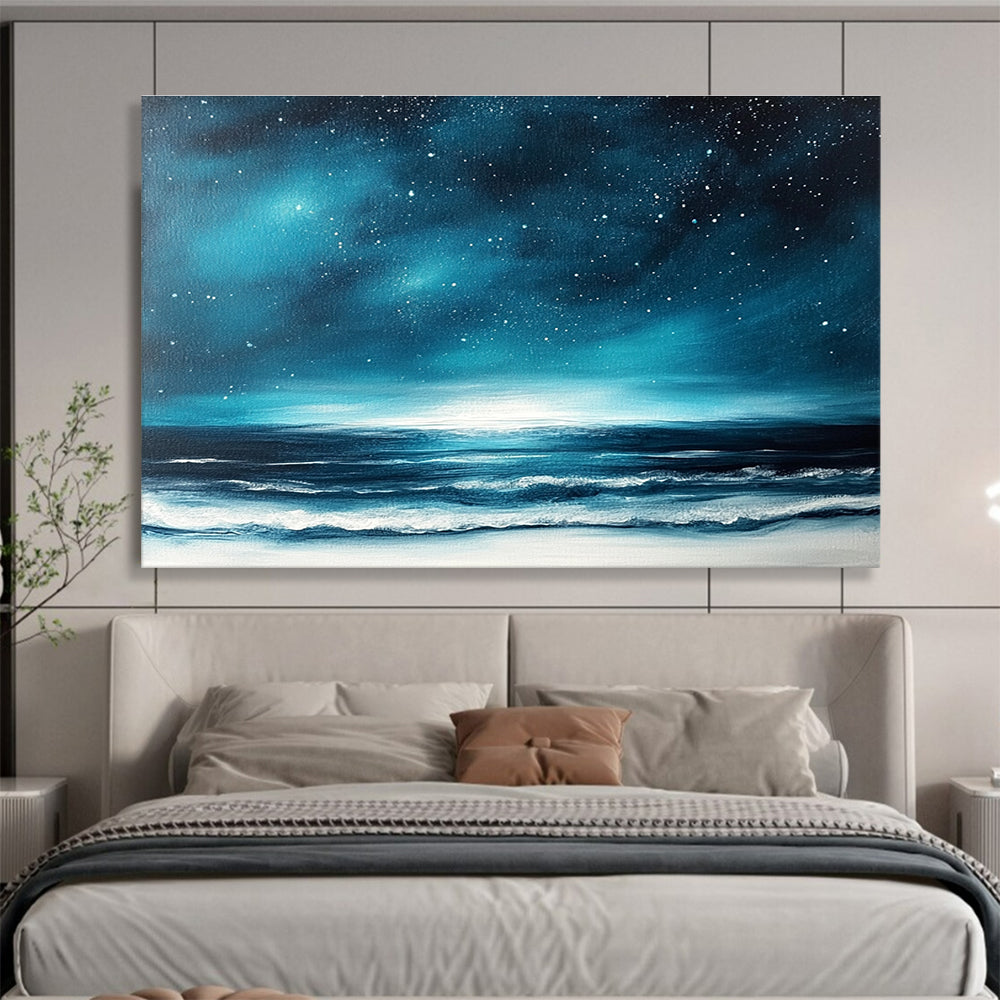 A large abstract painting featuring a dark blue sky with stars and ocean waves, accented with white and light teal hues.SC396