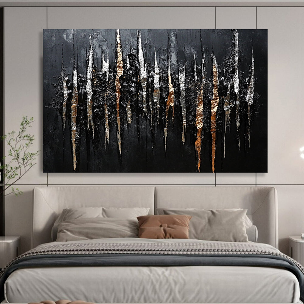 Large abstract painting featuring shiny metallic streaks of silver and bronze on a black background creating intricate organic patterns.SC019
