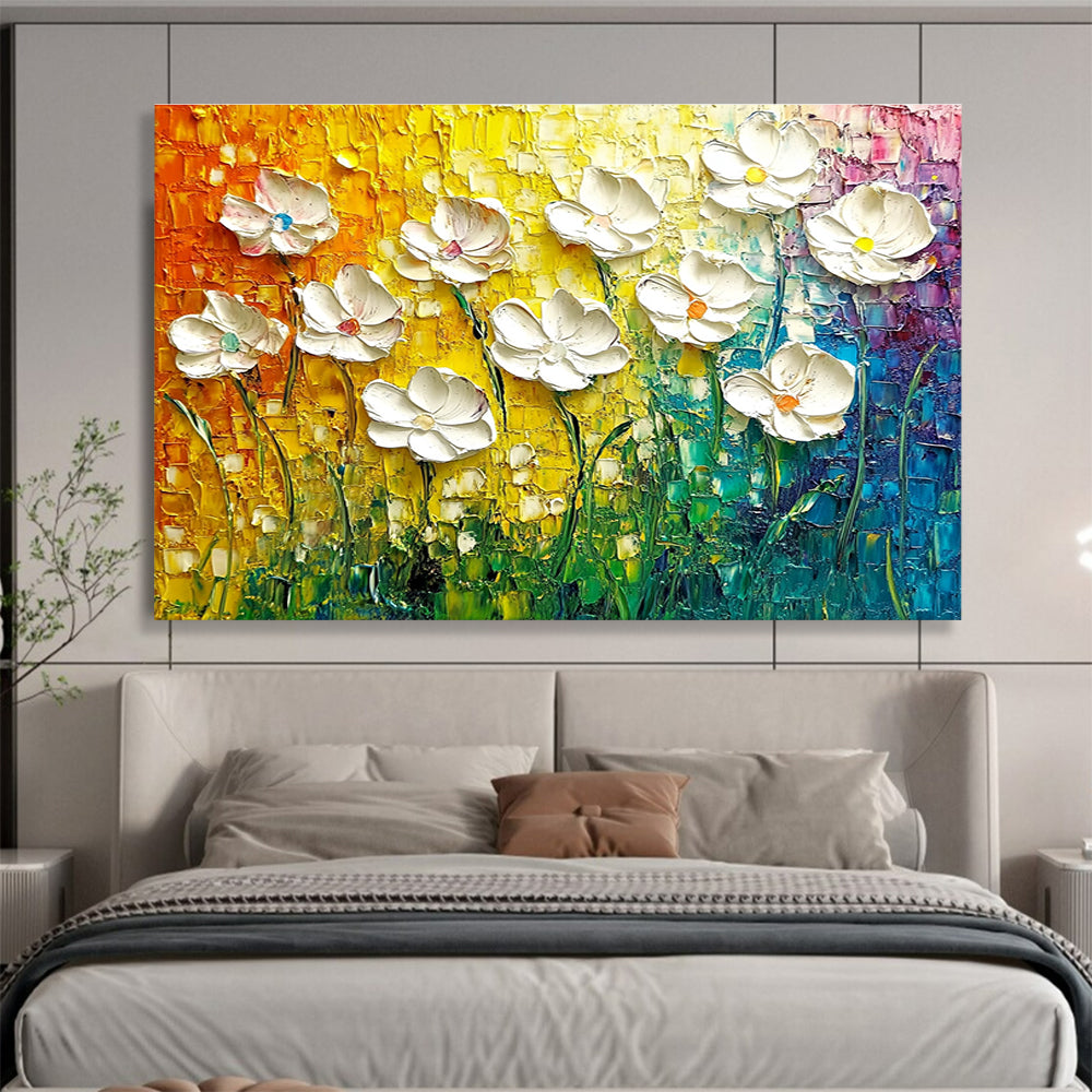 Textured White Flowers Abstract Painting with Colorful Background DYP430