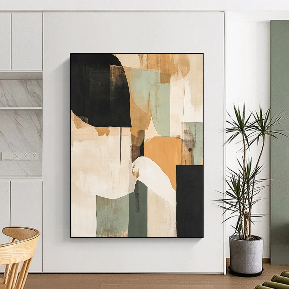 Large abstract painting with beige black and green tones layered with texture featuring organic shapes and a light orange design resembling a tree or cloud.STSC737