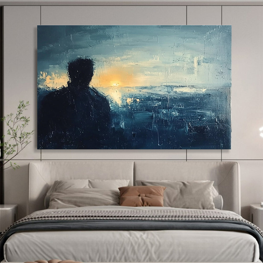 Silhouette by the Sea Abstract Painting with Dark and Light Blues DYP228